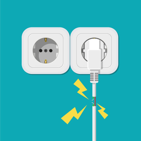 Electric short circuit.  Faulty damaged cable. Fire from overload. Electrical safety concept. Vector...