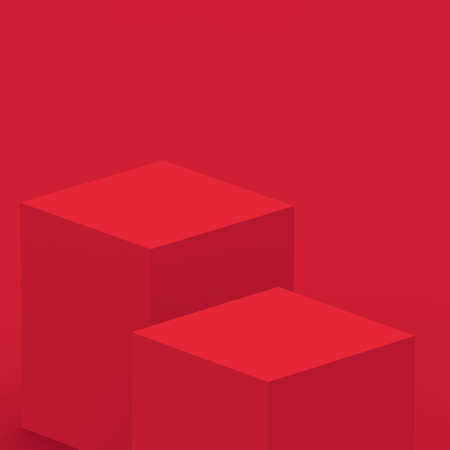 3d red cube and box podium minimal scene studio background. Abstract 3d geometric shape object illustration render. Display for chinese new year holiday and merry christmas product.の写真素材