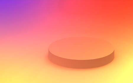 3d yellow orange and purple neon light cylinder podium minimal studio gradient colors background. Abstract 3d geometric shape object illustration render. Display for summer holiday product.の写真素材