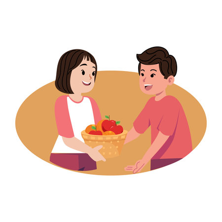 Woman and man with a basket of fruits. Illustration in cartoon style. sharing illustration. a boy shares fruit with a girl. Design elements of empathy and sympathyのイラスト素材
