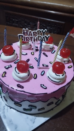 Birthday cake with candles and cherries on top, close up. A delicious birthday cake in pink. Happy...