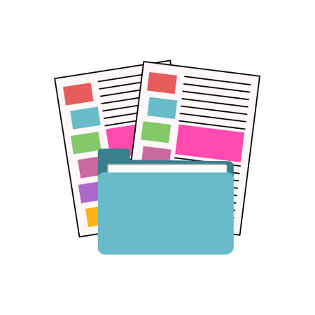 Illustration of a folder with documents on a white background. Flat design. Flat color design document icon isolated. document file isolated icon illustration. Report icon.のイラスト素材