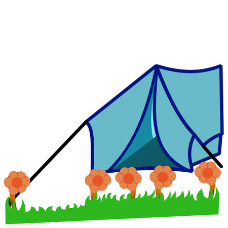 Illustration of a camping tent and flowers on a grassy lawn. Tent icon. Illustration of a blue tent on a white background. illustration of a blue camping tent design for campingのイラスト素材