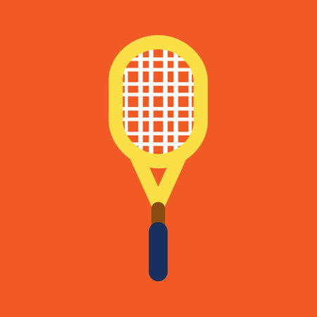 Tennis racket flat icon on background for web and mobile app design. Yellow tennis racket illustration element design on orange background. tennis sport equipment graphic designのイラスト素材