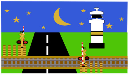 Design element illustration of night atmosphere in the middle of a road intersection with a railroad crossing. under the bright stars and moon.のイラスト素材
