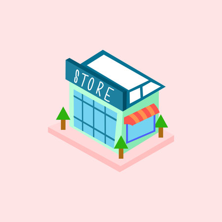 Supermarket building isometric icon. Illustration of a bright modern shop with large windows, sloping roof and orange red striped canopy. Suitable for business, retail and buildingのイラスト素材