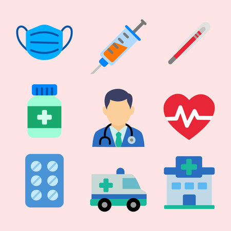 Health icon illustration contains doctor, mask, medicine, injection, hospital, ambulance, and heart symbol, suitable for medical and pharmaceutical design.のイラスト素材