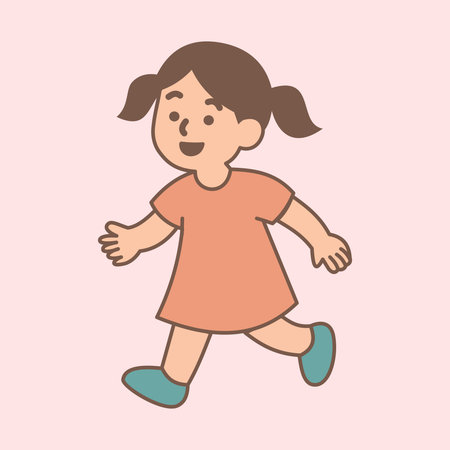 Minimalist illustration of a happy little girl walking with joy, wearing a simple orange dress and blue shoes, expressing playful and cheerful vibes.のイラスト素材