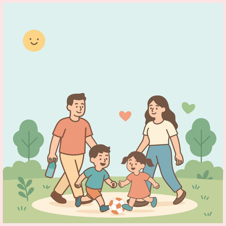 Minimalist illustration of a happy family playing soccer together outdoors, showing love, joy, and bonding in a cheerful and simple pastel design.のイラスト素材