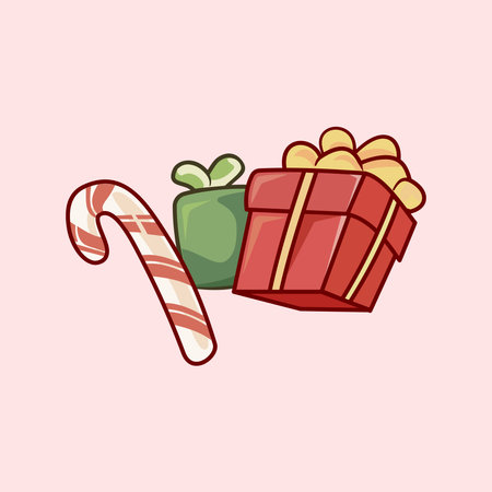 A festive arrangement featuring a red gift box with a gold ribbon, a small green present, and a red-striped candy cane on a pink background. Perfect for holiday greeting cards andのイラスト素材
