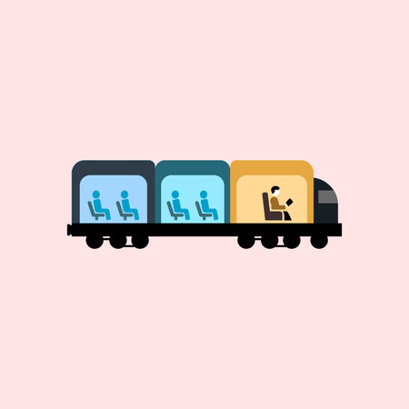 A simple flat illustration of a train with three colorful carriages showing sitting and reading...