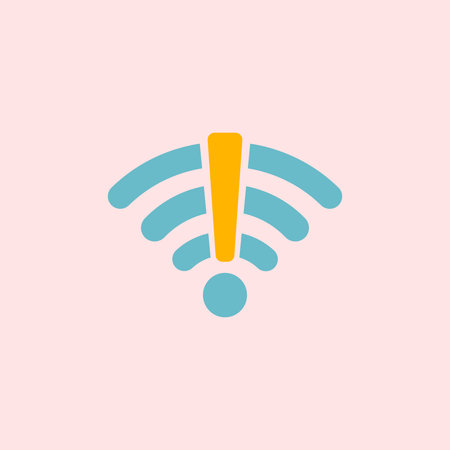 Cartoon blue WiFi signal icon with an orange exclamation mark representing no internet connection or network error. Perfect for system alerts, tech support web pages, and mobile