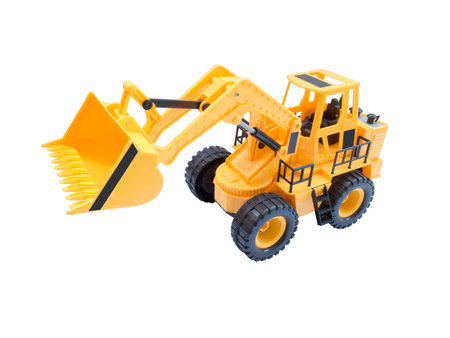 Toy yellow excavator with a raised bucket