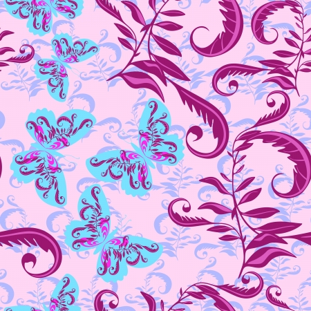 Butterfly with flowers - seamless patternのイラスト素材
