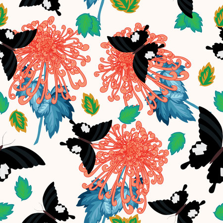 Butterfly with flowers - seamless patternのイラスト素材