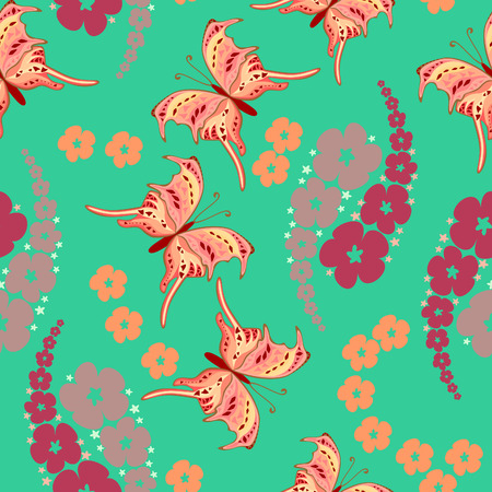 Butterfly with flowers - seamless patternのイラスト素材
