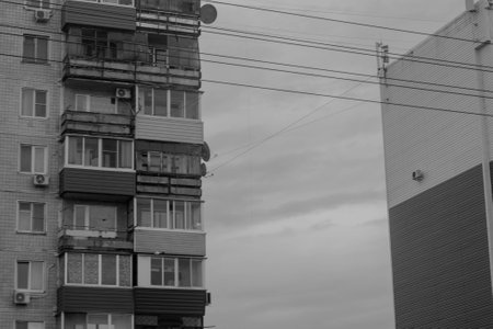 Modern apartment buildings in the city. Black and white photo. Urban landscape.の写真素材