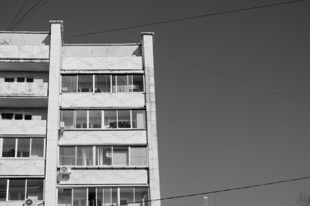 Modern apartment buildings. Facade of a modern apartment building. Black and white.の写真素材