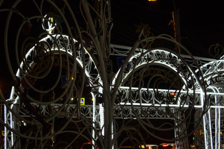 The lights of the city at night on the streets of the city.の写真素材