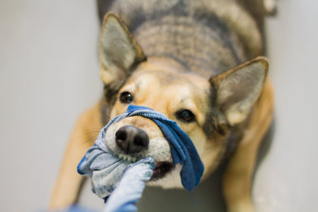 A dog with blue gloves.の写真素材