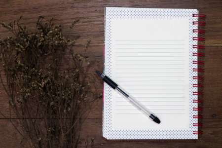 Blank book and pen with dry flower on old deskの写真素材