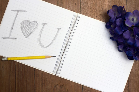 Word of love in book and dry flower on old desk