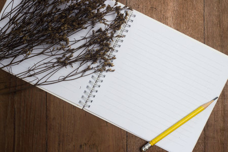 Blank book and pencil with dry flower on old desk