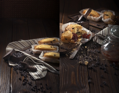 Collage of two photos showing  cupcakes, chocolate drops and jars with jam made in the technique of low keyの写真素材