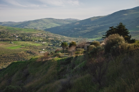 Panoramic view of Sicily landscape  green valley and hills near the town Termini Imerese の写真素材