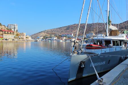 Crimea Balaklava yacht moored at the pier October 2019のeditorial素材