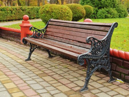 brown bench with forged details in rainy autumn parkの写真素材