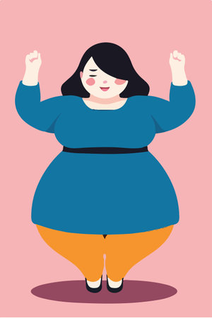 Fat woman with hands up. Vector illustration in a flat style.のイラスト素材