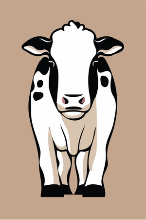 Illustration of a black and white cow with big eyes on a brown backgroundのイラスト素材
