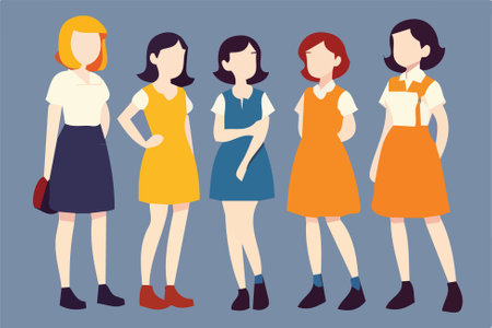 group of women in different dresses. vector illustration in flat style.のイラスト素材