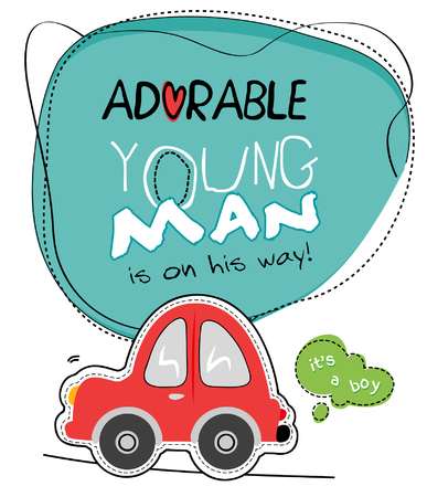 Cute red car baby shower card with it's a boy design illustration.のイラスト素材
