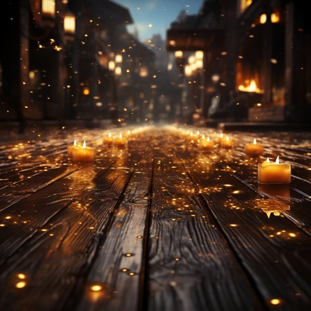 Christmas background with burning candles on a dark wooden street in the old townの写真素材