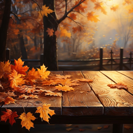 Wooden table with autumn leaves in the park. Fall background.