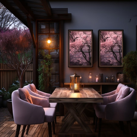 3D rendering of a cozy restaurant in the evening with a beautiful viewの写真素材