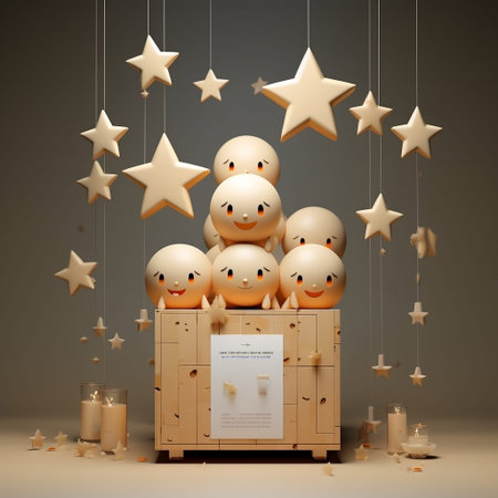 Wooden box with group of emoticons and candles 3d illustration