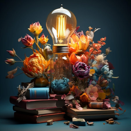 Still life with books, light bulb and flowers on dark blue background
