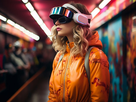 Portrait of a beautiful young blonde woman with pink hair in a stylish orange jacket and pink...