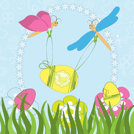 Easter greeting card with butterfly and dragonfly のイラスト素材