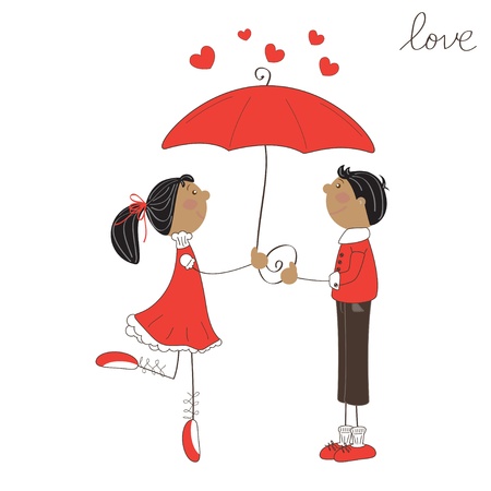 Cute girl and boy under umbrella. Valentine day illustrationのイラスト素材