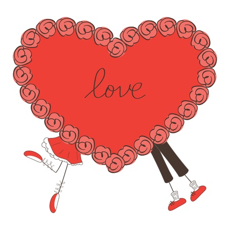 Cute boy and girl behind  big heart. Valentine day illustrationのイラスト素材
