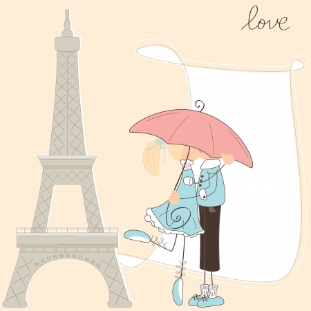 Girl kiss boy under umbrella in Paris のイラスト素材