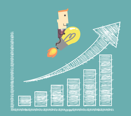 businessman on light bulb flying to success charting a positive trend graph  illustration vectorのイラスト素材