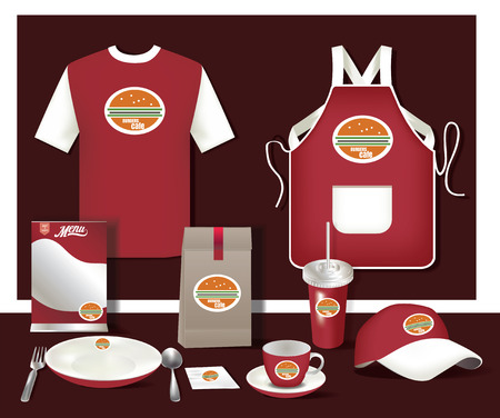 Vector restaurant cafe set flyer, menu, package, t-shirt, cap, uniform design/ layout set of corporate identity mock up template.のイラスト素材