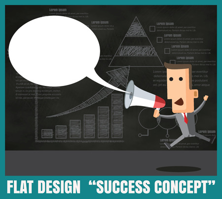 Businessman vector speaking through megaphone with speech bubble for your text or your design on chalkboard backgroundのイラスト素材