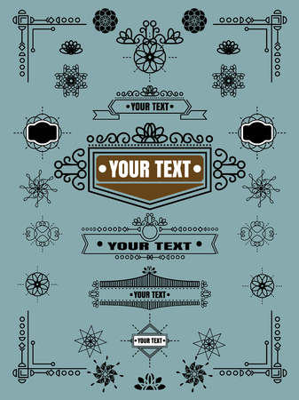 Set of linear thin line art deco retro vintage design elements with frame corner badge in geometric shapeのイラスト素材