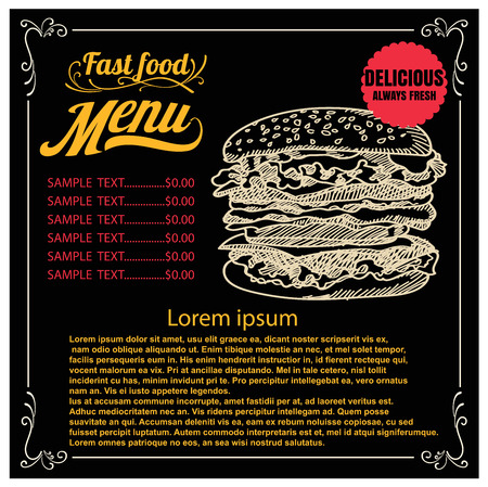 burger with meat menu and cost on vintage background.のイラスト素材